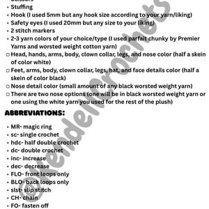 May include: A list of materials and abbreviations for crocheting a plush toy. The list includes items such as darning needle, scissors, stuffing, yarn, safety eyes, stitch markers, and hook. Abbreviations include MR, sc, hdc, dc, inc, dec, FLO, BLO, slst, CH, FO, [..], and (..).
