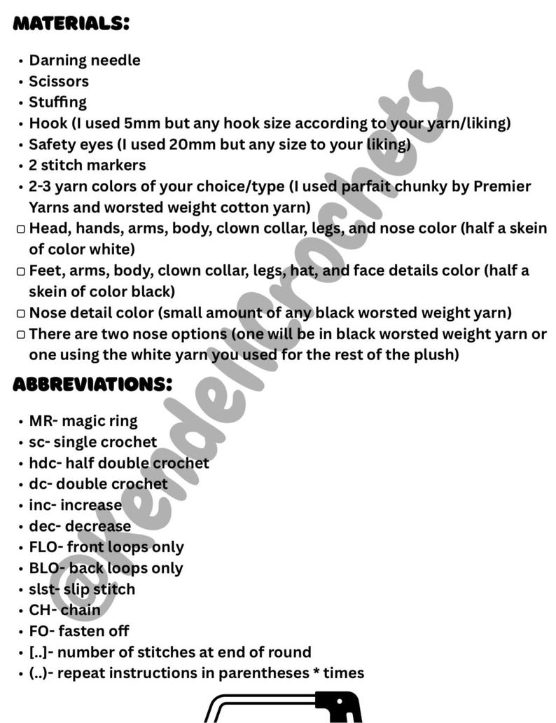 May include: A list of materials and abbreviations for crocheting a plush toy. The list includes items such as darning needle, scissors, stuffing, yarn, safety eyes, stitch markers, and hook. Abbreviations include MR, sc, hdc, dc, inc, dec, FLO, BLO, slst, CH, FO, [..], and (..).