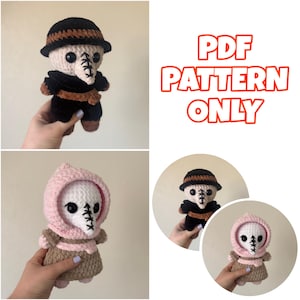 May include: Two crocheted plush dolls featuring a plague doctor design. One doll wears a black hat and robe with a brown belt, while the other wears a pink hood and a tan robe. Both have white beaks with black stitching and black eyes. Text reads: PDF PATTERN ONLY.