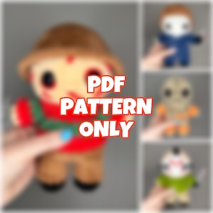 May include: A selection of cartoon-style plush dolls, including one with a brown hat and red and green striped sweater. The text "PDF PATTERN ONLY" is displayed in white with an orange outline.