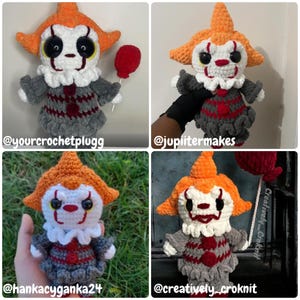 May include: Four different crocheted plush toys of Pennywise the Dancing Clown from the movie IT. Each toy is wearing a white collared shirt with a red and grey striped vest. The toys are all holding red balloons.