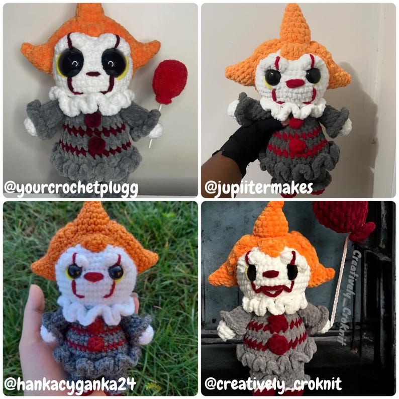 May include: Four different crocheted plush toys of Pennywise the Dancing Clown from the movie IT. Each toy is wearing a white collared shirt with a red and grey striped vest. The toys are all holding red balloons.