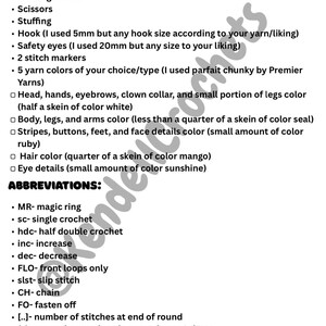 May include: A list of materials and abbreviations for crocheting a stuffed toy. The list includes yarn colors, hook size, stuffing, safety eyes, and stitch markers. It also includes abbreviations for crochet stitches, such as MR for magic ring, sc for single crochet, and hdc for half double crochet.