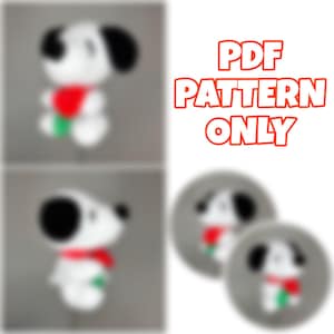 May include: A white plush Snoopy-like character with black ears, a red scarf, and green accents. The image includes the text "PDF PATTERN ONLY".