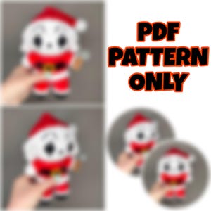 May include: A plush Santa Claus doll with a red hat and suit, white beard, and black eyes. The text "PDF PATTERN ONLY" is displayed in orange and black. The image shows multiple dolls.