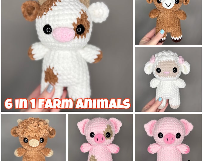 6 in 1 Crochet Farm Animals in Overalls - Digital Pattern ONLY
