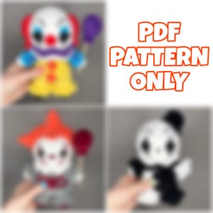 Può includere: L'immagine presenta quattro modelli di peluche: un clown, un personaggio con i capelli rossi e un panda. Il clown ha un naso rosso, braccia blu e un vestito giallo. Il testo "PDF PATTERN ONLY" è in arancione. Gli altri personaggi tengono anche dei palloncini.