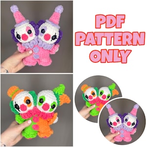 May include: Handmade crochet clown dolls in different colour schemes. The dolls have white faces, large eyes, and colourful hair and outfits. The text "PDF PATTERN ONLY" is displayed in pink and orange.