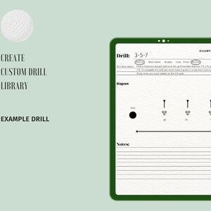 K&ouml;nnte beinhalten: Ein gr&uuml;nes Tablet mit wei&szlig;em Hintergrund und schwarzem Text. Der Text lautet "Drill: 3-5-7" und enth&auml;lt eine Beschreibung einer Golf-Putting-&Uuml;bung. Die &Uuml;bung beinhaltet das Schlagen von drei Putts in Folge aus verschiedenen Entfernungen. Das Tablet enth&auml;lt auch ein Diagramm der &Uuml;bung und einen Abschnitt f&uuml;r Notizen.