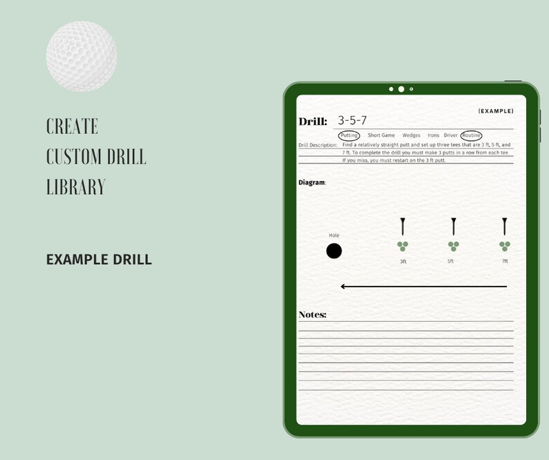 K&ouml;nnte beinhalten: Ein gr&uuml;nes Tablet mit wei&szlig;em Hintergrund und schwarzem Text. Der Text lautet "Drill: 3-5-7" und enth&auml;lt eine Beschreibung einer Golf-Putting-&Uuml;bung. Die &Uuml;bung beinhaltet das Schlagen von drei Putts in Folge aus verschiedenen Entfernungen. Das Tablet enth&auml;lt auch ein Diagramm der &Uuml;bung und einen Abschnitt f&uuml;r Notizen.