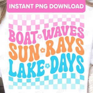 Barca Onde Raggi di sole Giorni sul lago PNG Design Download - Carino Rosa Blu Retro Vintage Estate Estetica Lago Casa Vacanza Trasferimento a sublimazione