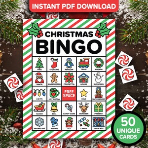 50 druckbare Weihnachtsbingokarten | Weihnachtsbingo Spiel Digitaler Download | Winteraktivität für Kinder | Weihnachts-Familien-Party-Spiele