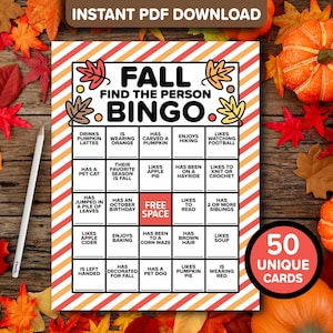 50 tarjetas de bingo para encontrar a la persona de otoño para imprimir / Juego de bingo para conocerse de otoño para descargar / Actividad de trabajo en equipo para romper el hielo en una fiesta de otoño