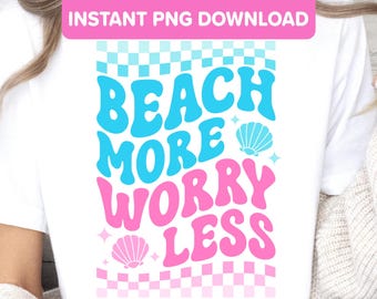 Beach More Worry Less Cute PNG Design - Pink Blue Retro Groovy Summer Mermaid Shell Vacation Sublimation Transfer Design for Shirts & Crafts
