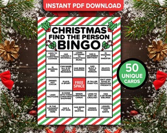 50 Christmas Find the Person Bingo Cards Printable | Holiday Bingo Get to Know You Game Digital Download | Christmas Party Ice Breaker Games