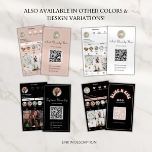 May include: Four different Instagram profile designs for beauty businesses. Each design features a black and white photo of a woman, a QR code, and the text "Let's stay connected". The designs are in pink, white, and black.
