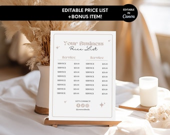Plantilla de lista de precios, lista de precios editable para pequeñas empresas, guía de precios Canva Rosegold, signo de precios imprimible, hoja de precios DYI / Reso