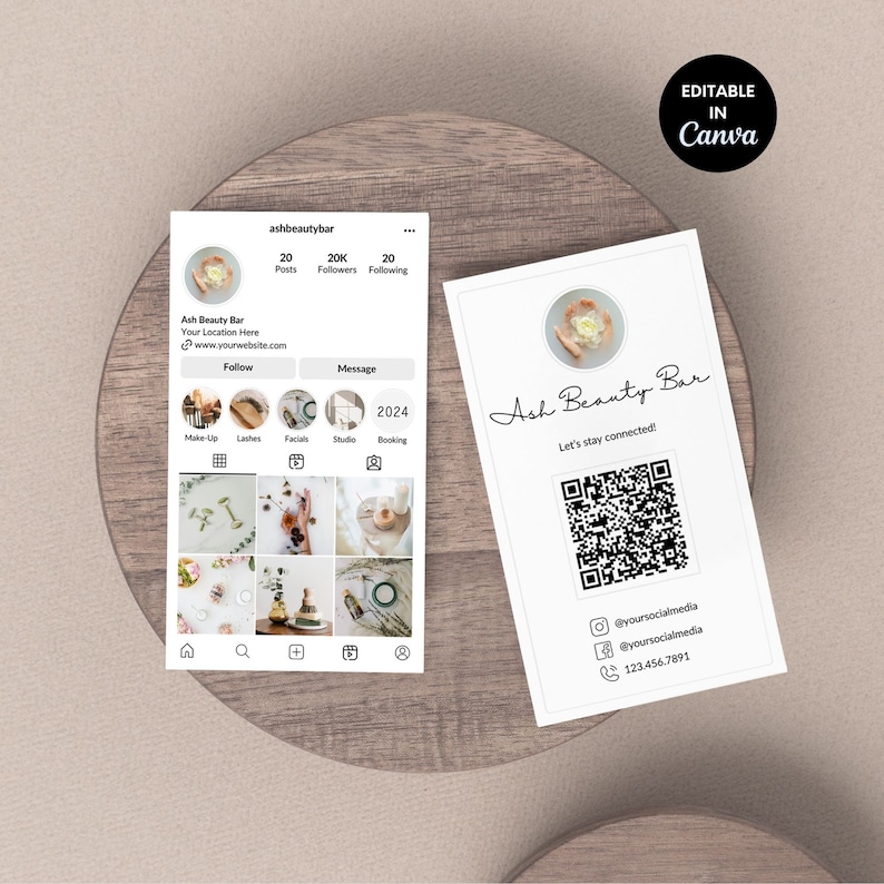 May include: A white card with a black and white QR code, the text "Ash Beauty Bar", and the text "Let's stay connected!"  The card also includes social media icons and a phone number.