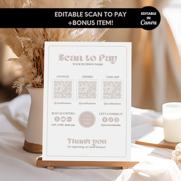 Editable Scan to Pay Sign, QR Code Sign Template, Printable Payment Sign for Small Business, Rosegold Customizable CashApp Venmo Sign - Reso