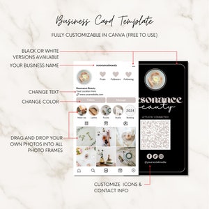 Puede incluir: Una plantilla de tarjeta de visita en blanco y negro para un sal&oacute;n de belleza o spa. La plantilla incluye un perfil de Instagram personalizable, un c&oacute;digo QR y iconos de redes sociales. El texto de la tarjeta dice "Resonance Beauty", "&iexcl;Manteng&aacute;monos conectados!" y "@yoursocialmedia".
