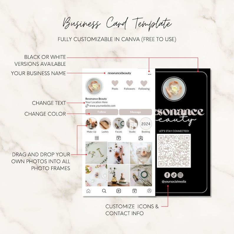 Puede incluir: Una plantilla de tarjeta de visita en blanco y negro para un sal&oacute;n de belleza o spa. La plantilla incluye un perfil de Instagram personalizable, un c&oacute;digo QR y iconos de redes sociales. El texto de la tarjeta dice "Resonance Beauty", "&iexcl;Manteng&aacute;monos conectados!" y "@yoursocialmedia".