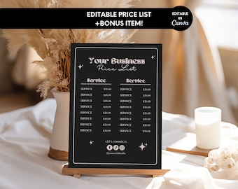 Plantilla de lista de precios, lista de precios editable para pequeñas empresas, guía de precios Canva Rosegold, signo de precios imprimible, hoja de precios DYI / Reso