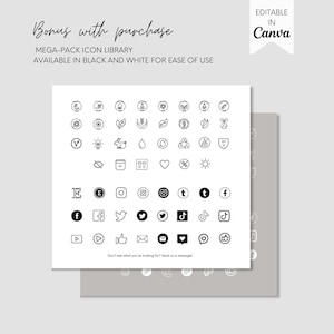 Puede incluir: Una hoja de dise&ntilde;o gr&aacute;fico en blanco y negro con una colecci&oacute;n de iconos. Los iconos incluyen logotipos de redes sociales, corazones, flechas y otros s&iacute;mbolos. El texto "Bonus con compra" y "MEGA-PACK ICON LIBRARY" est&aacute; en la parte superior de la hoja. El texto "AVAILABLE IN BLACK AND WHITE FOR EASE OF USE" est&aacute; debajo del t&iacute;tulo. El texto "EDITABLE IN Canva" est&aacute; en la esquina superior derecha de la hoja.