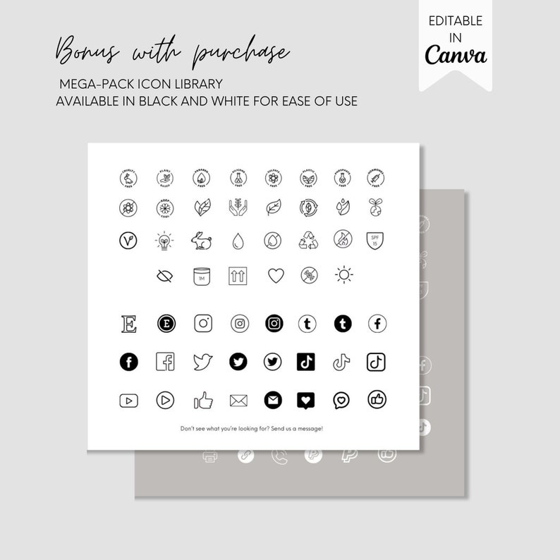 Puede incluir: Una hoja de dise&ntilde;o gr&aacute;fico en blanco y negro con una colecci&oacute;n de iconos. Los iconos incluyen logotipos de redes sociales, corazones, flechas y otros s&iacute;mbolos. El texto "Bonus con compra" y "MEGA-PACK ICON LIBRARY" est&aacute; en la parte superior de la hoja. El texto "AVAILABLE IN BLACK AND WHITE FOR EASE OF USE" est&aacute; debajo del t&iacute;tulo. El texto "EDITABLE IN Canva" est&aacute; en la esquina superior derecha de la hoja.