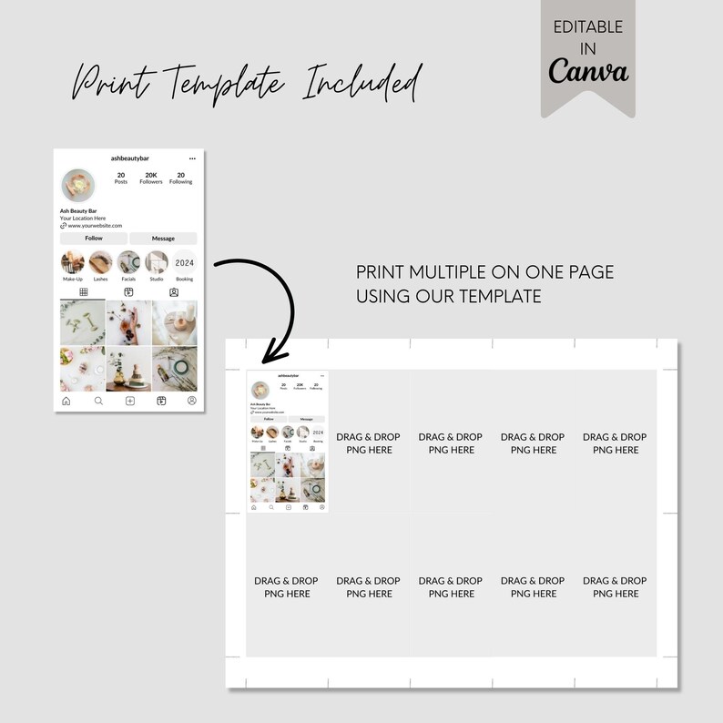 May include: A template for printing multiple Instagram posts on one page. The template is divided into nine squares, each with the text "DRAG & DROP PNG HERE".
