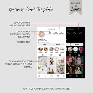 May include: A customizable business card template for a beauty salon or spa. The template features a black and white color scheme with a modern design. The template includes a logo, contact information, and social media links. The template is fully customizable in Canva.