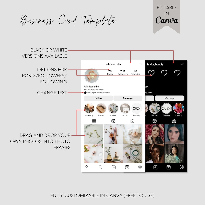 May include: A customizable business card template for a beauty salon or spa. The template features a black and white color scheme with a modern design. The template includes a logo, contact information, and social media links. The template is fully customizable in Canva.