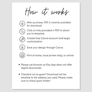 Puede incluir: Un gr&aacute;fico en blanco y negro que muestra c&oacute;mo usar una plantilla digital imprimible. El gr&aacute;fico incluye cinco pasos: descargar el PDF, hacer clic en los enlaces, crear una cuenta de Canva, guardar tu dise&ntilde;o e imprimir en casa. El gr&aacute;fico tambi&eacute;n incluye dos vi&ntilde;etas con informaci&oacute;n adicional sobre el uso de la plantilla.