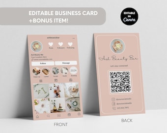 Tarjeta de visita de Instagram, plantilla de tarjeta de visita editable para propietarios de empresas, tarjeta de visita Canva rosa, plantilla Canva de tarjeta de visita IG