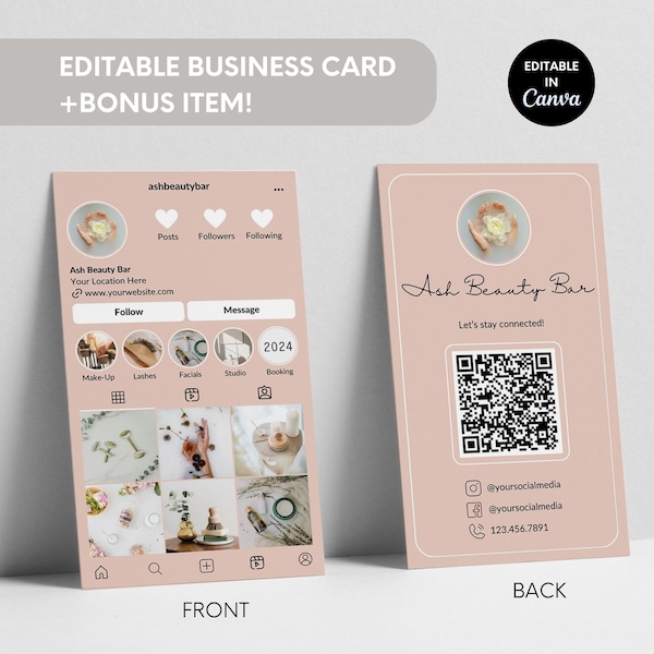 Instagram Business Card, Editable Business Card Template for Business Owners, Pink Canva Business Card,  IG Business Card Canva Template