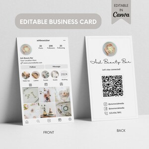 May include: A white business card with a black and white QR code, social media icons, and the text "Ash Beauty Bar" and "Let's stay connected!" on the back. The front of the card features a social media profile with a grid of images, the text "Ash Beauty Bar", and the text "Follow, Message, 2024, Make-Up, Lashes, Facials, Studio, Booking".