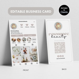 Puede incluir: Una tarjeta de visita rosa y blanca con el texto "resonance beauty" en una fuente estilizada. El frente de la tarjeta presenta un perfil de redes sociales con una cuadr&iacute;cula de im&aacute;genes y el texto "Follow", "Message" y "2024". La parte posterior de la tarjeta tiene un c&oacute;digo QR y el texto "LET'S STAY CONNECTED!" y "@yoursocialmedia".