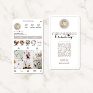 Puede incluir: Un perfil de redes sociales para un negocio de belleza llamado Resonance Beauty. El perfil incluye un logotipo, una cuadr&iacute;cula de im&aacute;genes, una llamada a la acci&oacute;n para seguir, un bot&oacute;n de mensaje y un bot&oacute;n de reserva. El perfil tambi&eacute;n incluye un c&oacute;digo QR para un f&aacute;cil acceso al sitio web del negocio.