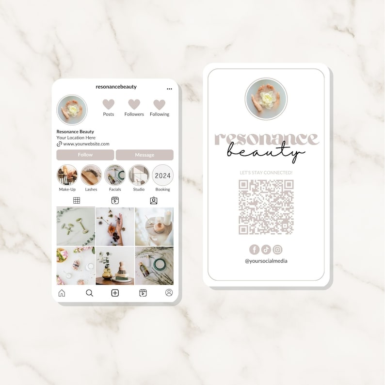 Puede incluir: Un perfil de redes sociales para un negocio de belleza llamado Resonance Beauty. El perfil incluye un logotipo, una cuadr&iacute;cula de im&aacute;genes, una llamada a la acci&oacute;n para seguir, un bot&oacute;n de mensaje y un bot&oacute;n de reserva. El perfil tambi&eacute;n incluye un c&oacute;digo QR para un f&aacute;cil acceso al sitio web del negocio.