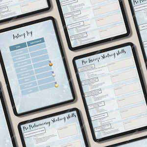 May include: A set of printable ice skating skill trackers. The trackers are designed for different levels of skating, including pre-preliminary, pre-bronze, and preliminary. The trackers are formatted as tables with checkboxes and space for notes.