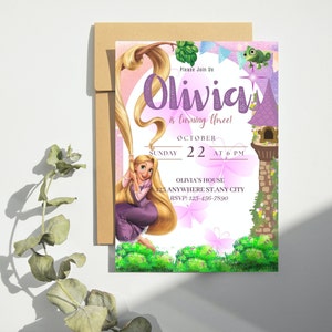 Bearbeitbare Rapunzel-Geburtstagseinladung, Prinzessin-Geburtstagseinladung, Geburtstagseinladung, Digitales Evite, Canva-Vorlage