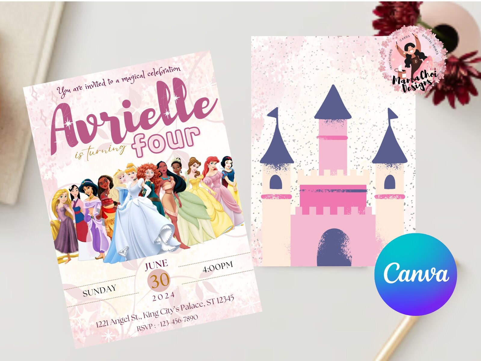 Editable Princess Birthday Canva Template, Princess Birthday Party ...