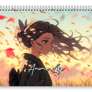 May include: A spiral-bound calendar featuring an anime-style illustration of a person with dark hair and a butterfly hair accessory, wearing a dark garment. The background shows a sunset sky with falling leaves and the text Anime Life in white.