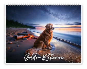 Calendario de pared Golden Retriever 2026 de Kaleidoscope Artisan: Arte canino alegre con festividades