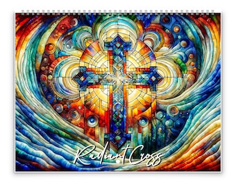 Calendario de pared Radiant Cross 2026 de Kaleidoscope Artisan: arte inspirador con festividades