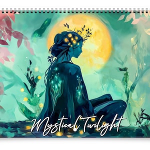 May include: A spiral-bound calendar with an illustration of a figure in a teal cloak, seated before a yellow moon. The words "Mystical Twilight" are written in cursive. The background features teal and pink foliage. The calendar is a decorative item.