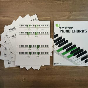 Puede incluir: Un conjunto de diagramas de acordes de piano y un libro titulado "All Major and Minor Piano Chords". Los diagramas muestran teclas de piano con posiciones de dedos, y la portada del libro presenta un teclado de piano con teclas verdes y negras.