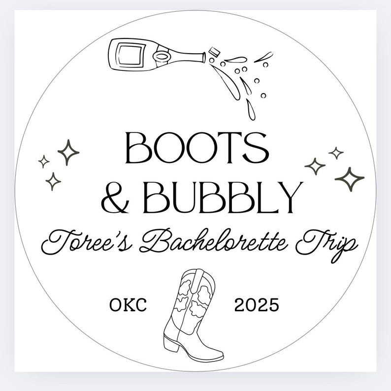 K&ouml;nnte beinhalten: Ein kreisf&ouml;rmiges Design mit den Worten "BOOTS & BUBBLY" und "Toree's Bachelorette Trip" in eleganter Schrift. Das Design enth&auml;lt eine Champagnerflasche, einen Cowboy-Stiefel und den Text "OKC 2025".