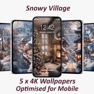 Snowy Village Christmas inspired Wallpaper Bundle: 5 Digital Artworks for Mobile, Instant Download.