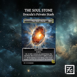 May include: A fantasy card titled "The Soul Stone" from "Dracula's Private Stash." The card features a glowing, oval-shaped stone with a fiery core, set against a cosmic background. Text details the card's abilities.