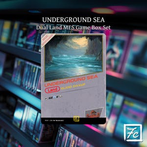 May include: A rectangular game card titled UNDERGROUND SEA Dual Land MES Game Box Set. The card features a landscape illustration of a sea between cliffs, with text reading UNDERGROUND SEA, Land ISLAND SWAMP, and symbols for blue and black mana.